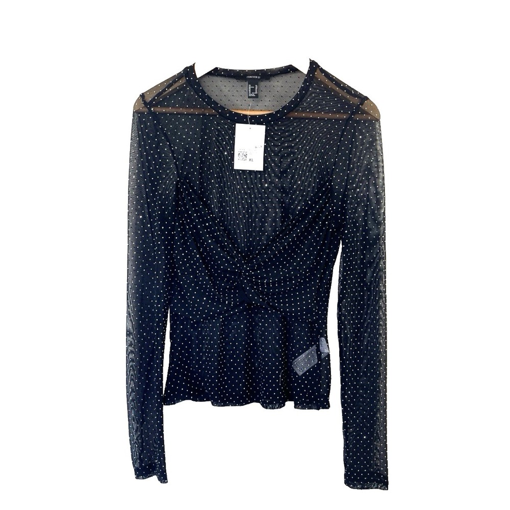 New Forever 21 Womens Sheer Twisted Mesh Rhinestones‎ Top Size XL Black Clubwear